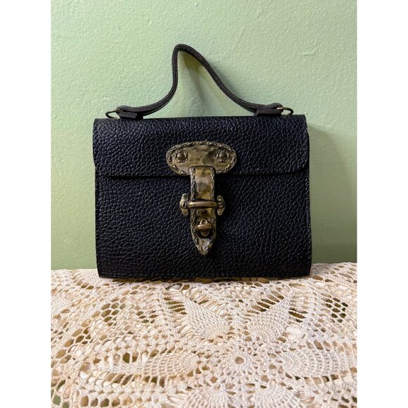 Vintage 60s Mini Black Pebble Leather Purse Escutcheon Clasp - Picture 1 of 16